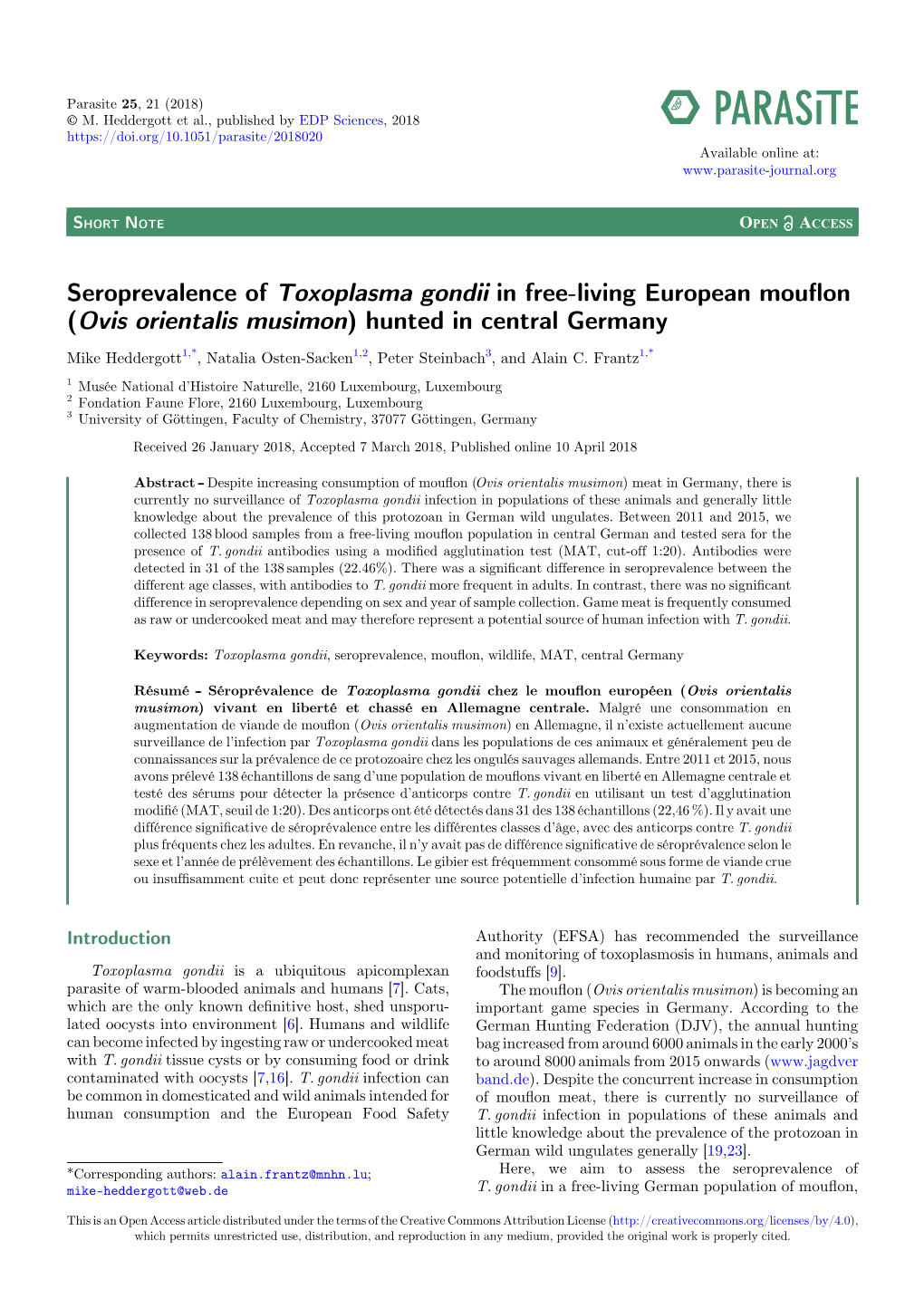 Seroprevalence of Toxoplasma Gondii in Free-Living European Mouflon