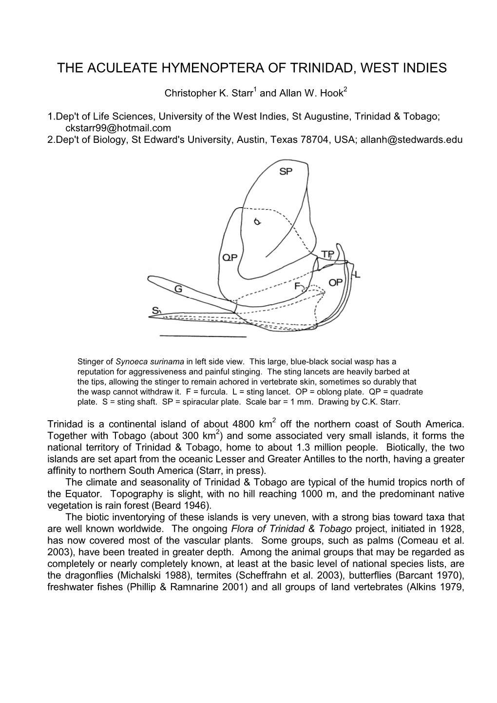 The Aculeate Hymenoptera of Trinidad, West Indies