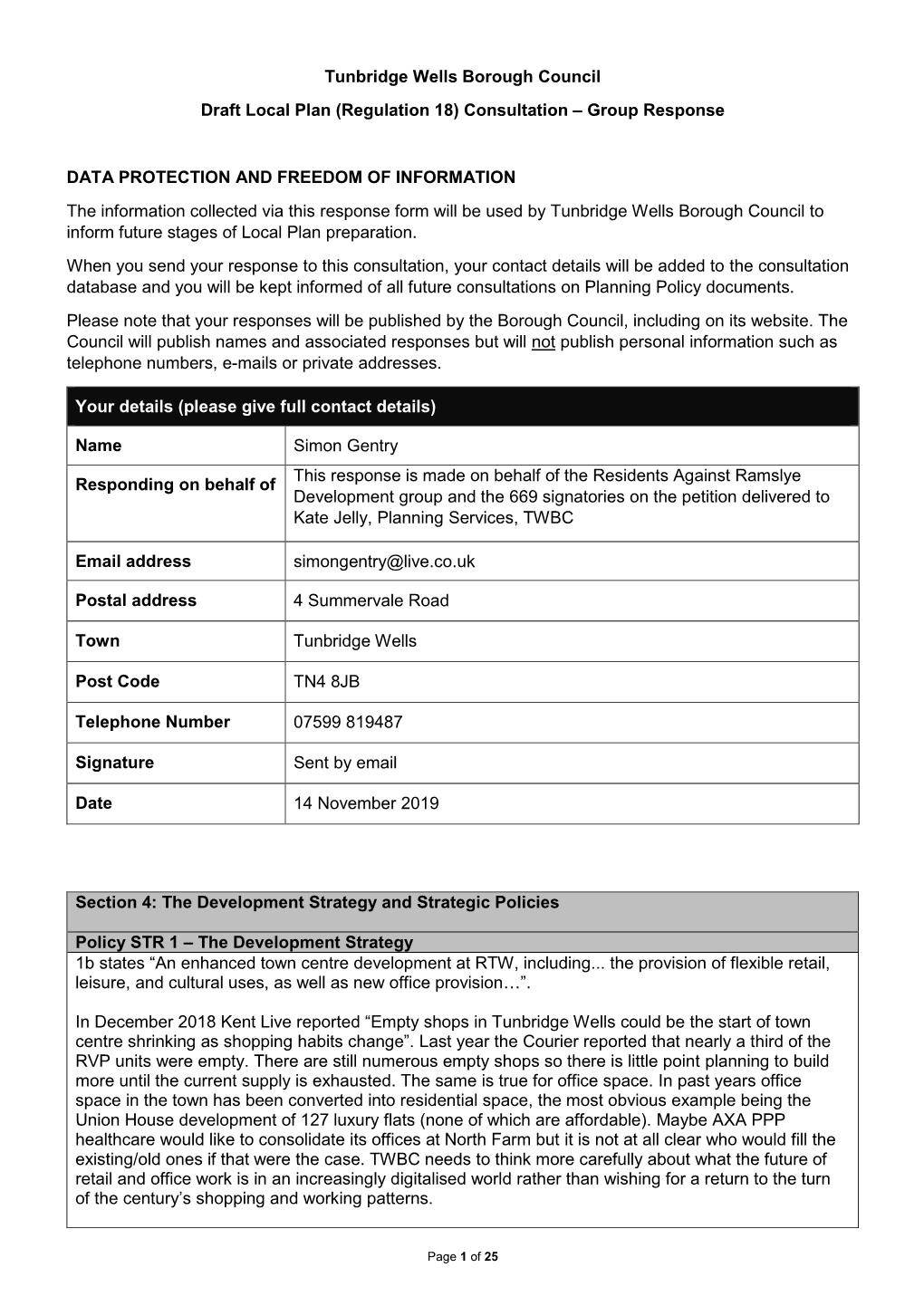 Tunbridge Wells Borough Council Draft Local Plan (Regulation 18) Consultation – Group Response