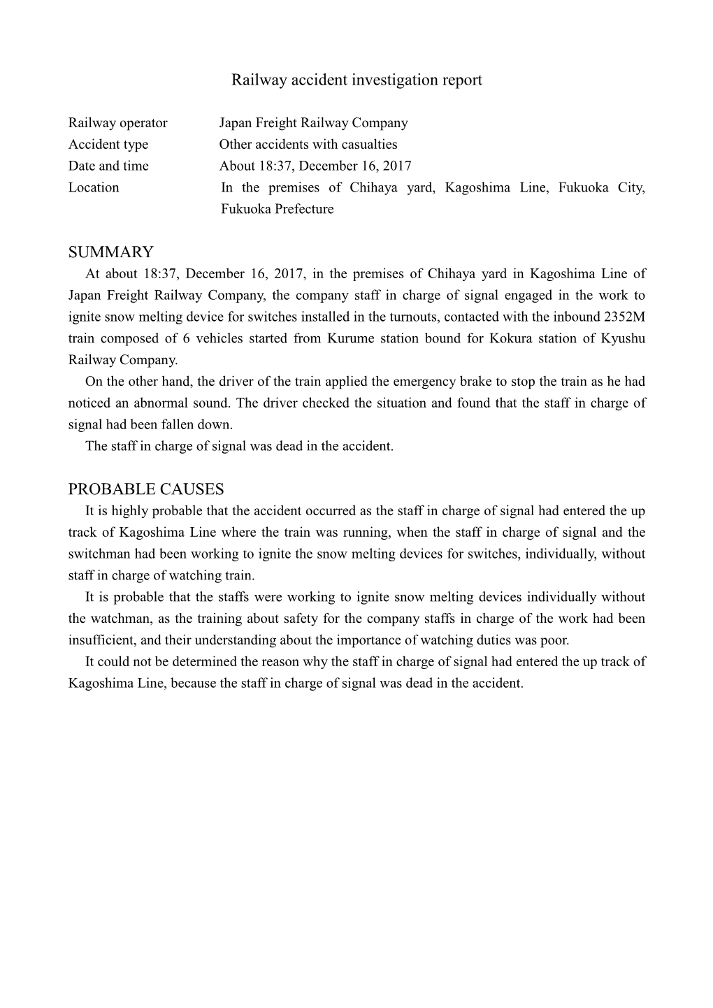 Railway Accident Investigation Report SUMMARY PROBABLE CAUSES