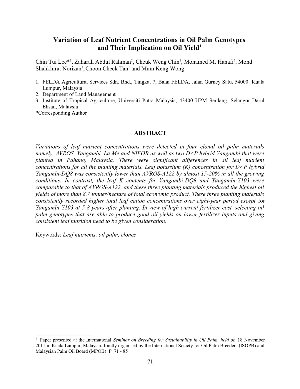 Variation of Leaf Nutrient Concentrations in Oil Palm Genotypes