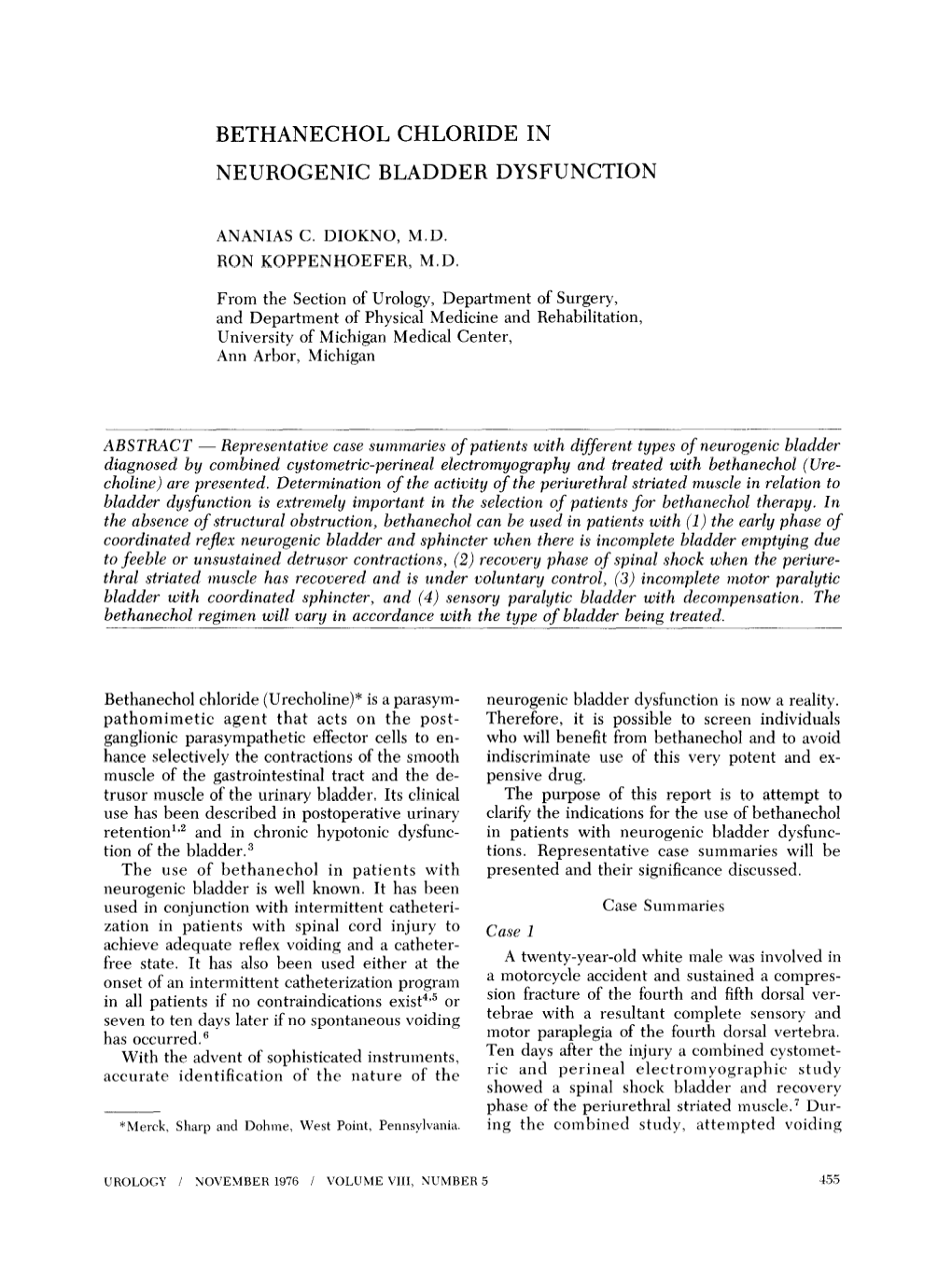 Bethanechol Chloride in Neurogenic Bladder Dysfunction