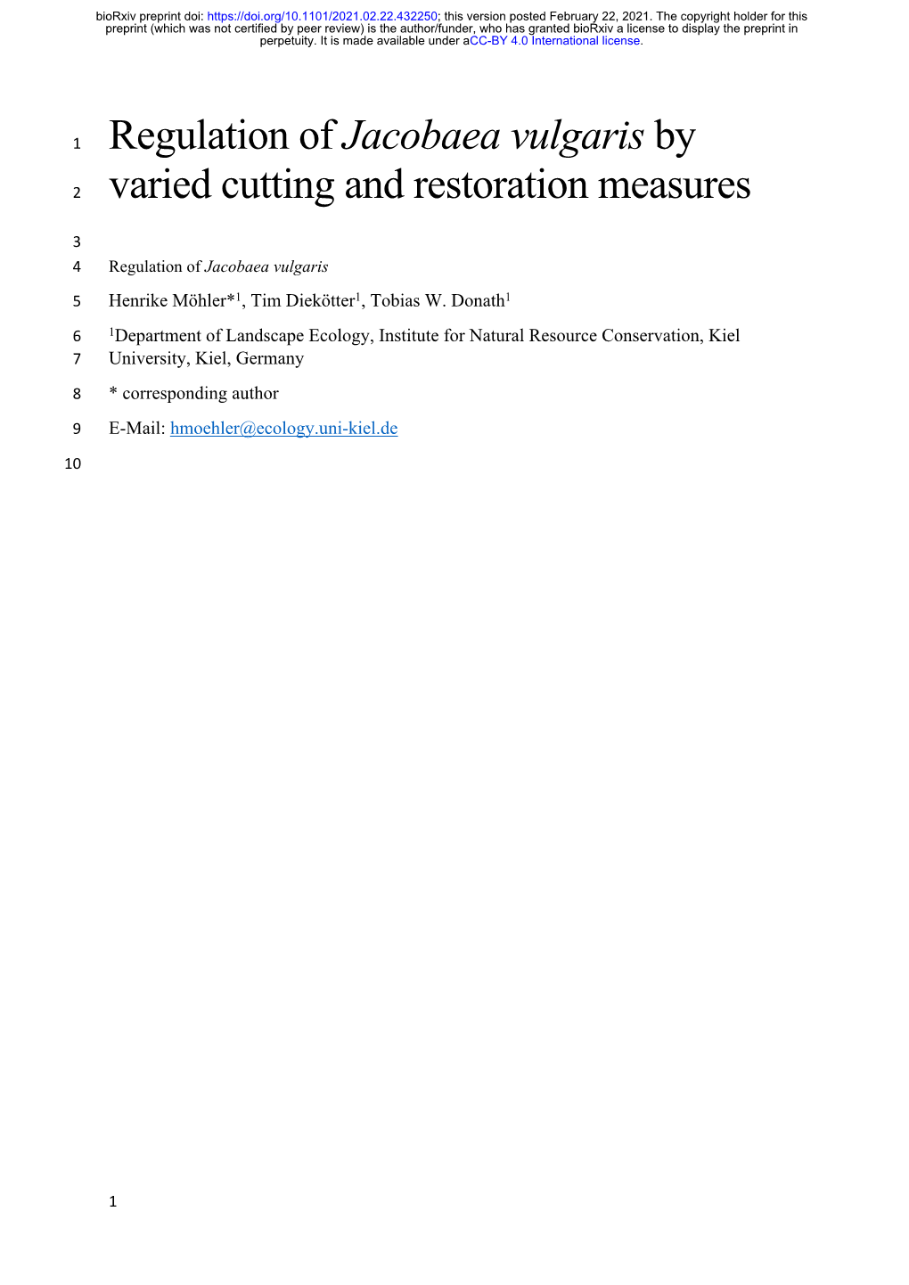 Regulation of Jacobaea Vulgaris by Varied Cutting and Restoration Measures