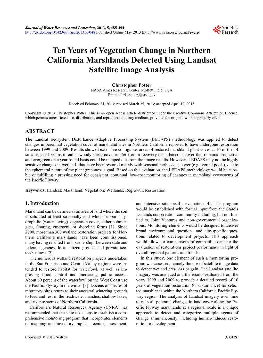 Ten Years of Vegetation Change in Northern California Marshlands Detected Using Landsat Satellite Image Analysis