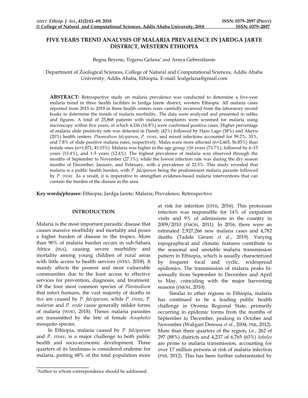 Five Years Trend Analysis of Malaria Prevalence in Jardga Jarte District, Western Ethiopia