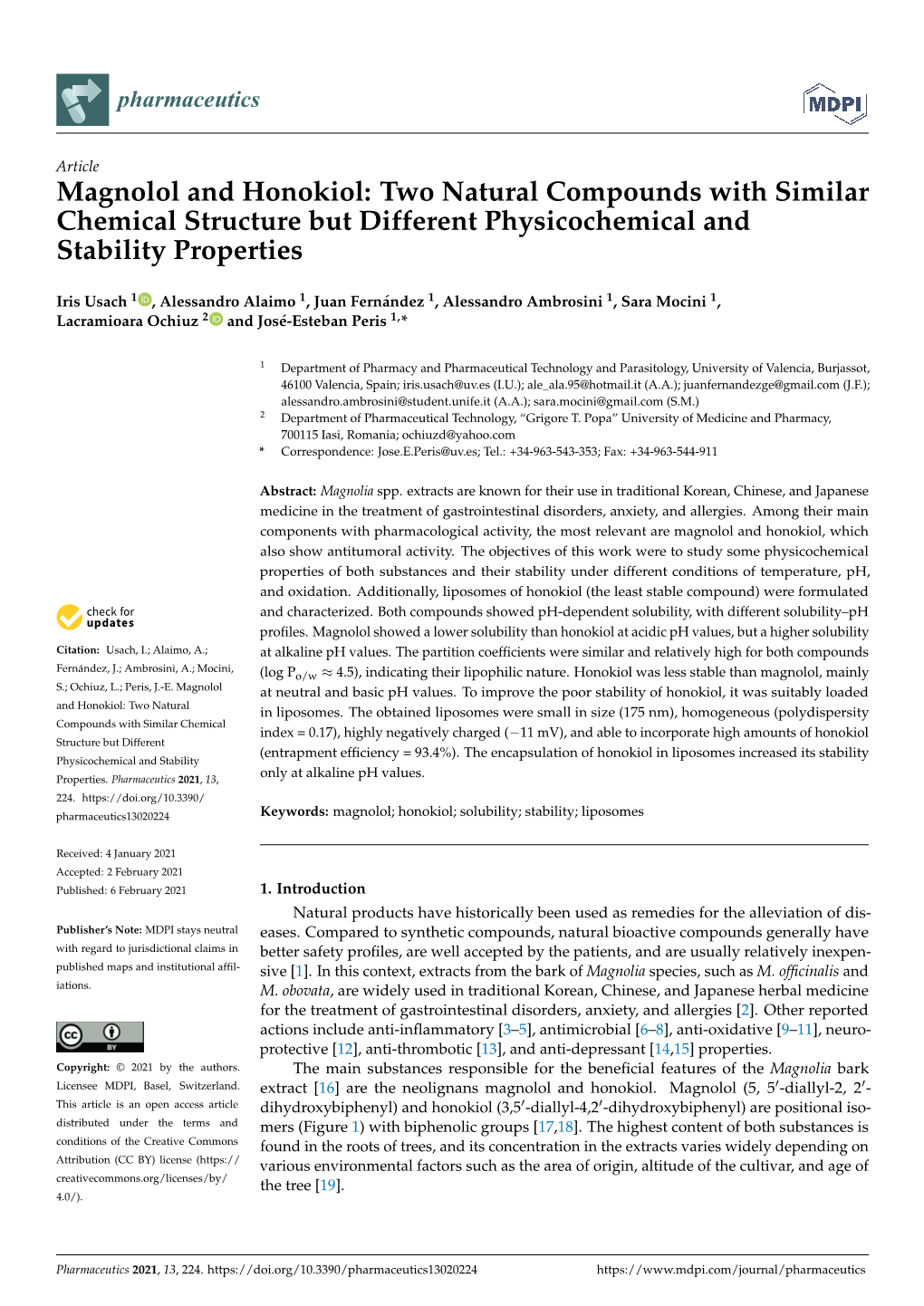 Magnolol and Honokiol: Two Natural Compounds with Similar Chemical Structure but Different Physicochemical and Stability Properties