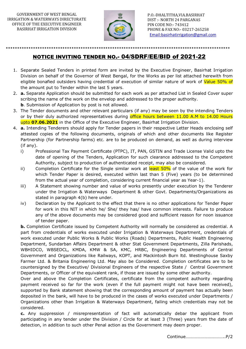 NOTICE INVITING TENDER NO.- 04/SDRF/EE/BID of 2021-22