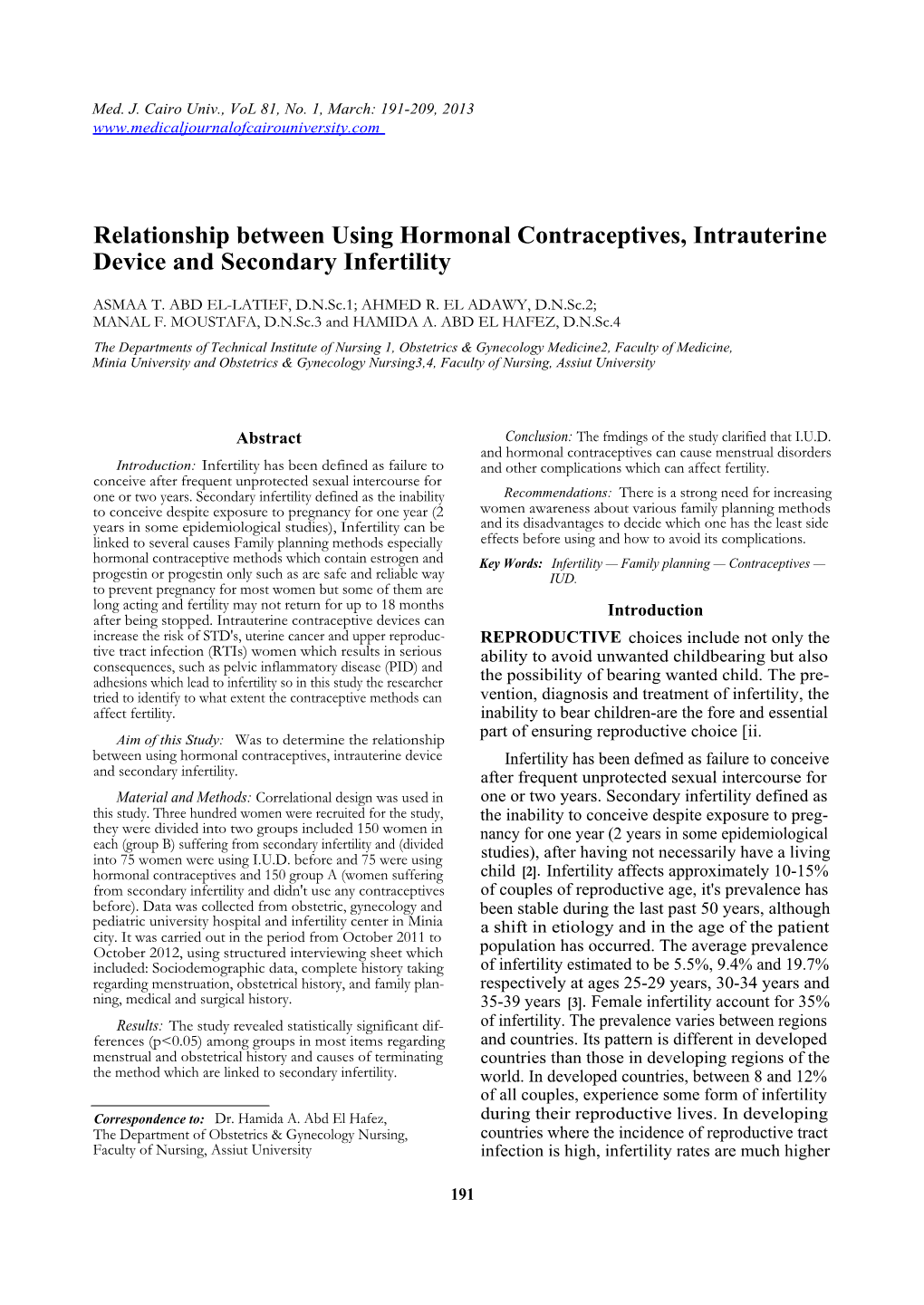 Relationship Between Using Hormonal Contraceptives, Intrauterine Device and Secondary Infertility