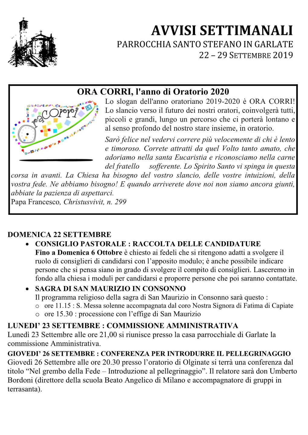 Avvisi Settimanali Parrocchia Santo Stefano in Garlate 22 – 29 Settembre 2019