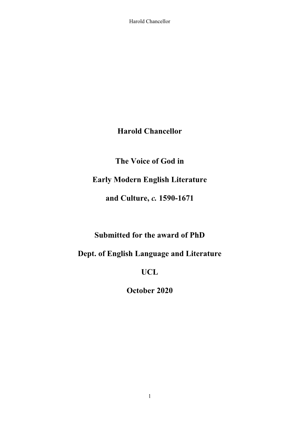 Harold Chancellor the Voice of God in Early Modern English Literature