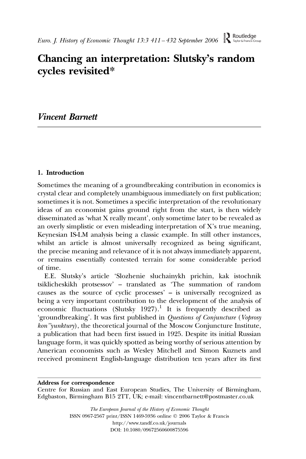 Chancing an Interpretation: Slutsky's Random Cycles Revisited*