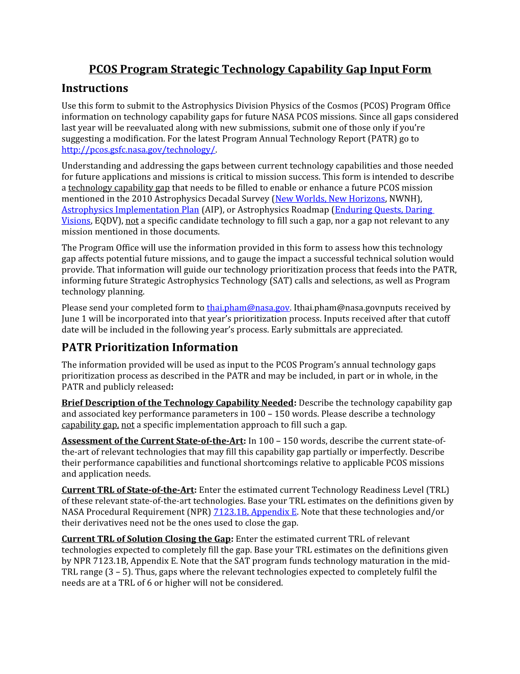 PCOS Program Strategic Technology Capability Gap Input Form