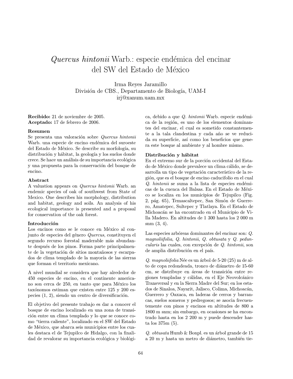 Quercus Hintonii Warb.: Especie End¶Emica Del Encinar Del SW Del Estado De M¶Exico