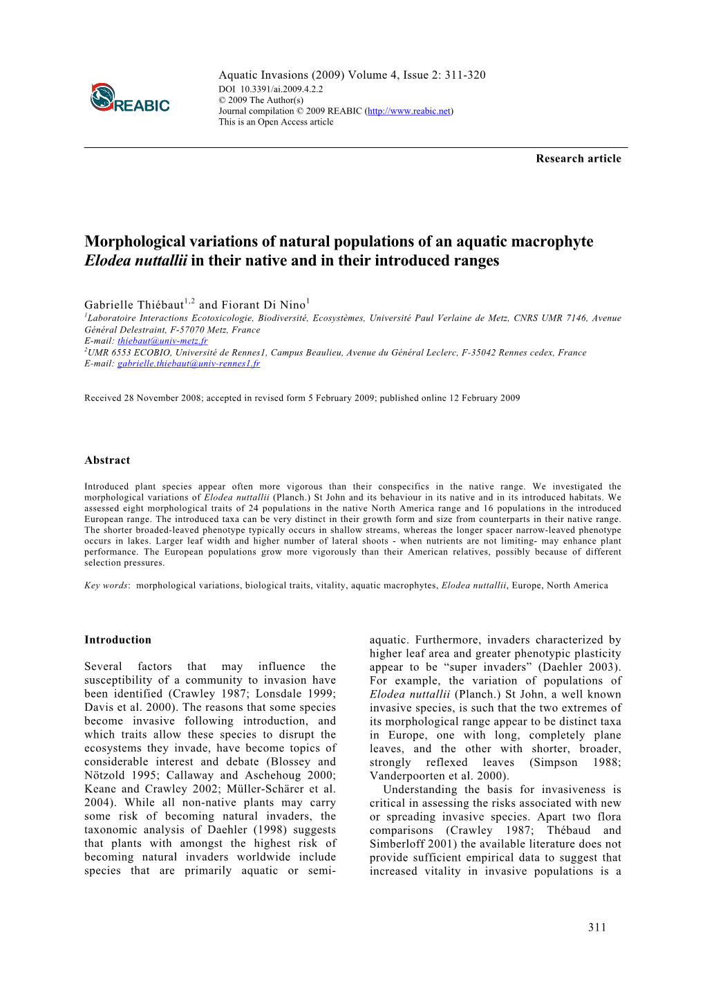 Morphological Variations of Natural Populations of an Aquatic Macrophyte Elodea Nuttallii in Their Native and in Their Introduced Ranges