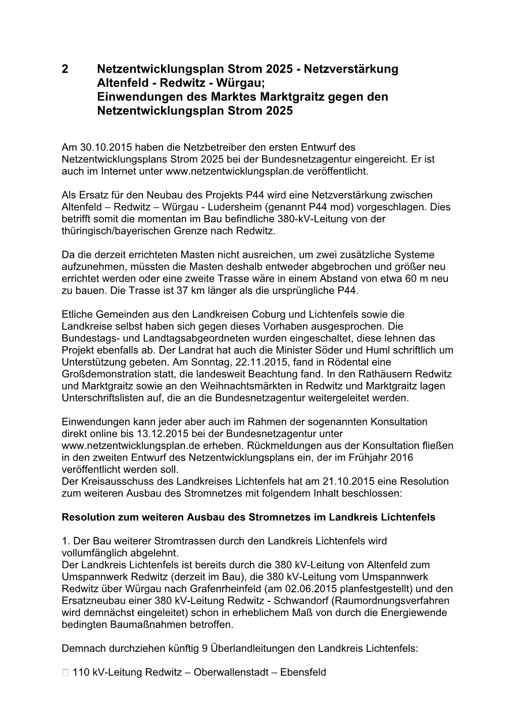 2 Netzentwicklungsplan Strom 2025 - Netzverstärkung Altenfeld - Redwitz - Würgau; Einwendungen Des Marktes Marktgraitz Gegen Den Netzentwicklungsplan Strom 2025