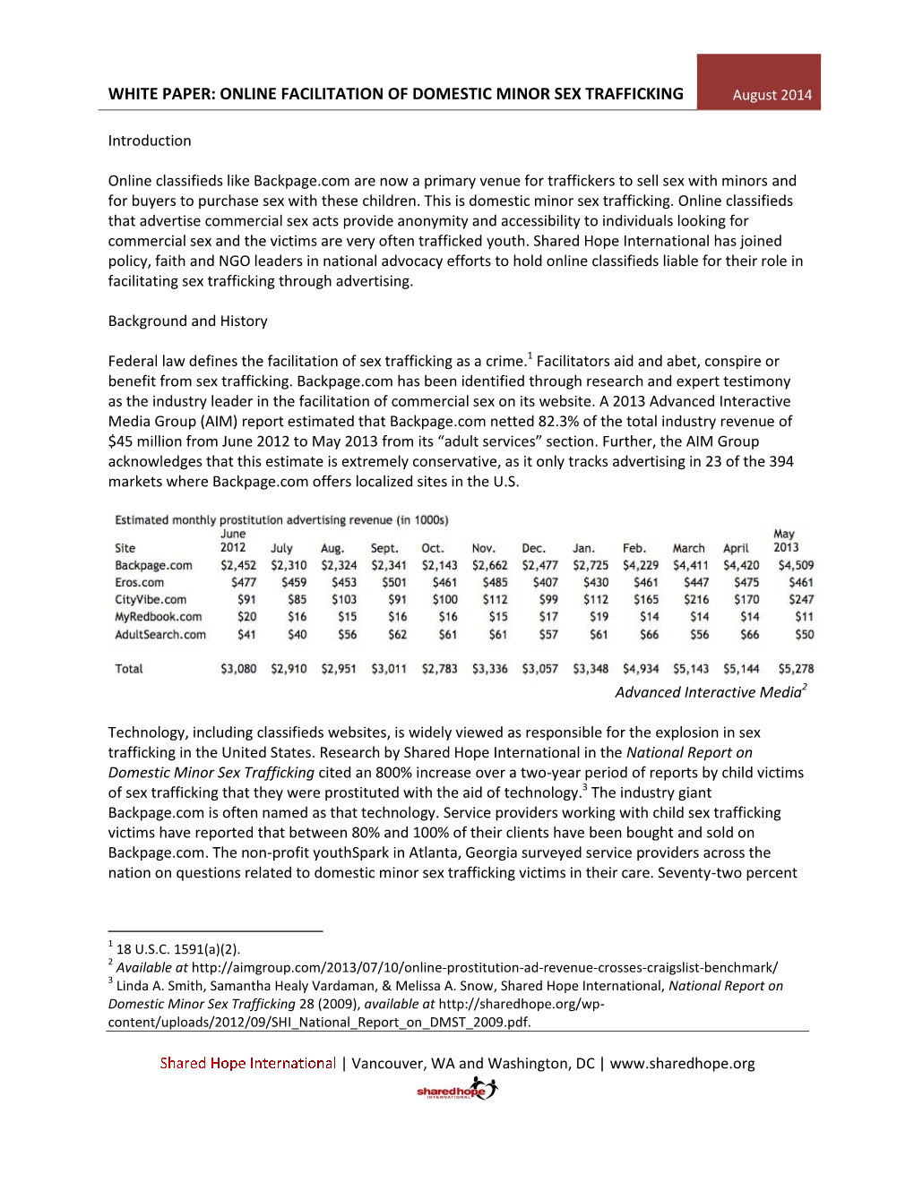 WHITE PAPER: ONLINE FACILITATION of DOMESTIC MINOR SEX TRAFFICKING August 2014