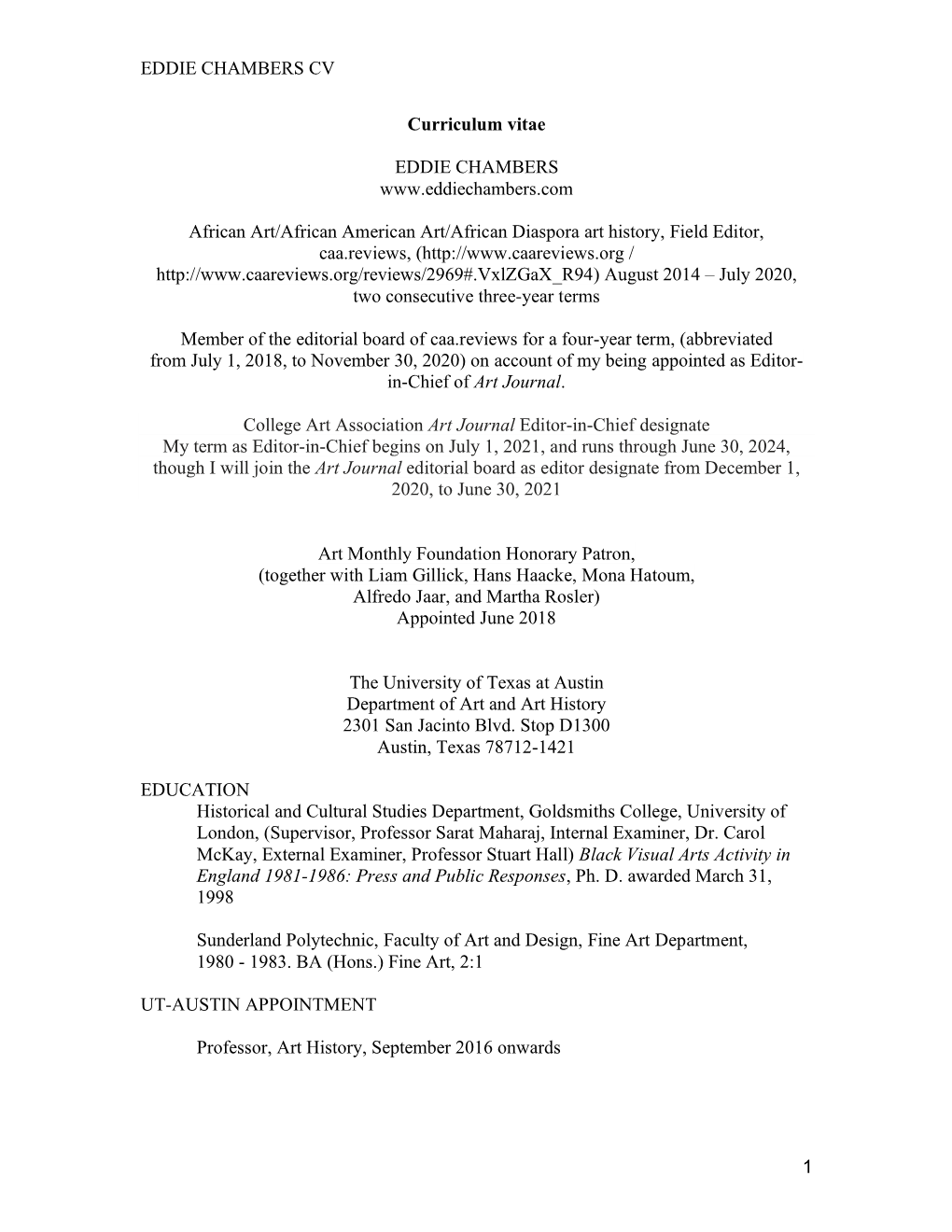 EDDIE CHAMBERS CV 1 Curriculum Vitae EDDIE CHAMBERS Www