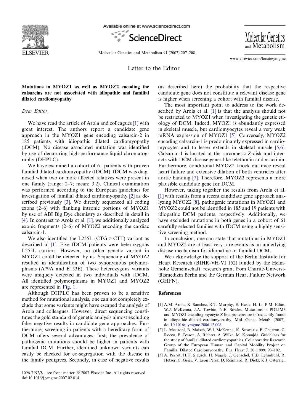 Mutations in MYOZ1 As Well As MYOZ2 Encoding