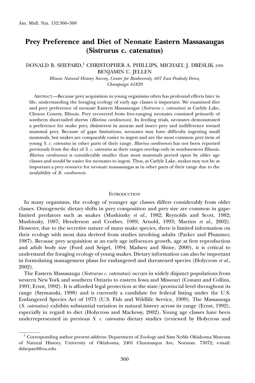 Prey Preference and Diet of Neonate Eastern Massasaugas (Sistrurus C