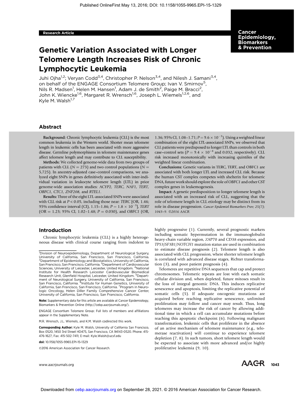 Genetic Variation Associated with Longer Telomere Length Increases Risk of Chronic Lymphocytic Leukemia