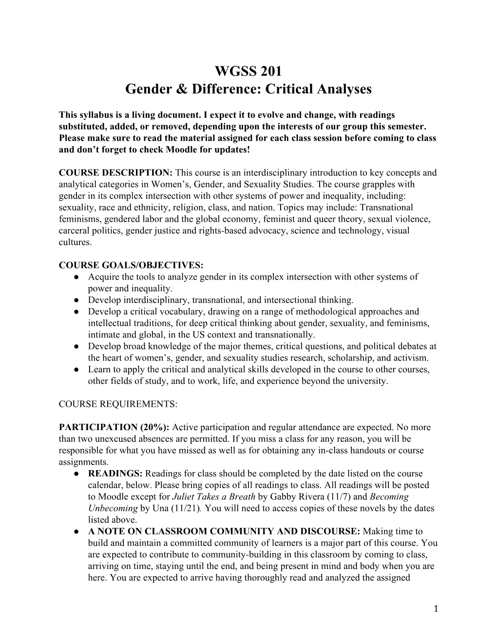 WGSS 201 Gender & Difference: Critical Analyses
