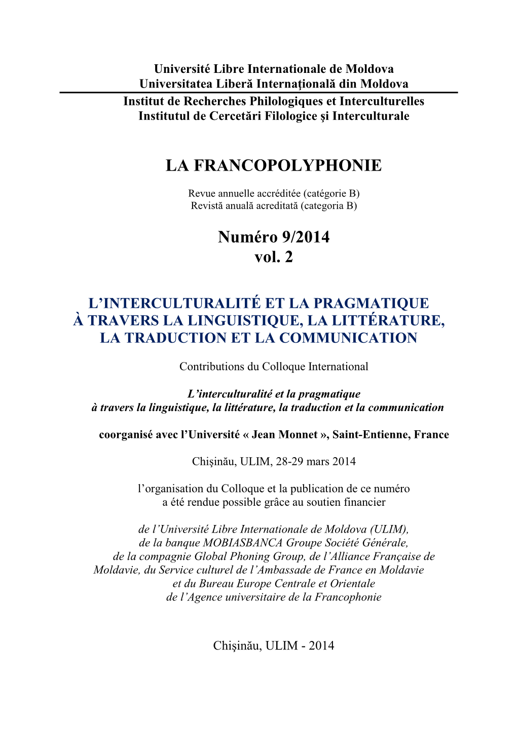 LA FRANCOPOLYPHONIE Numéro 9/2014 Vol. 2