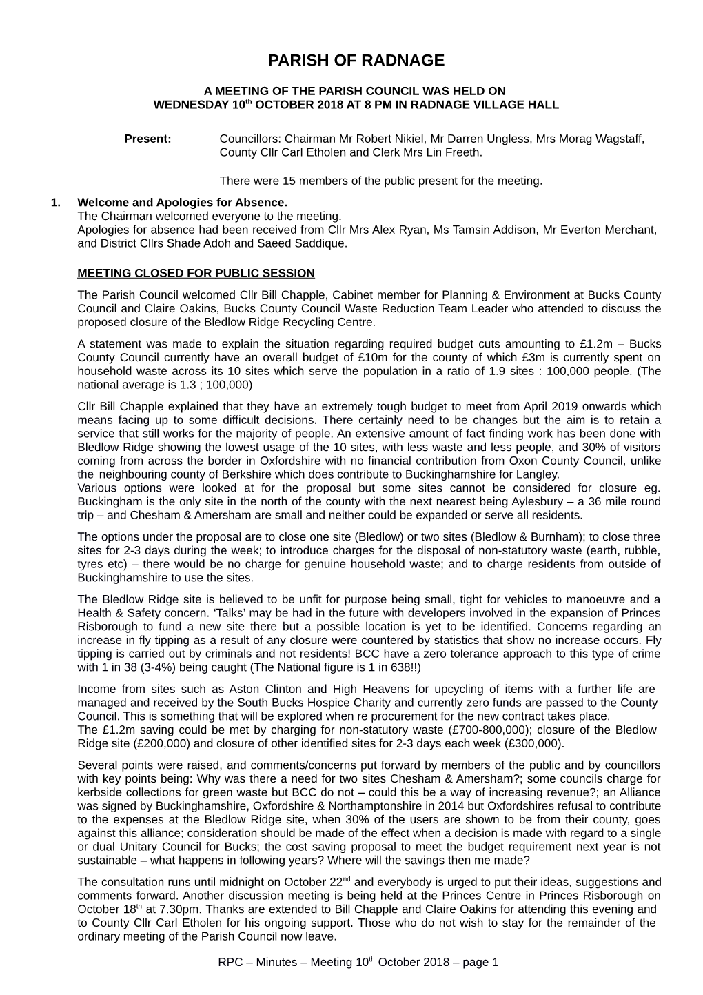 Meeting 10Th October 2018 – Page 1 MEETING REOPENED