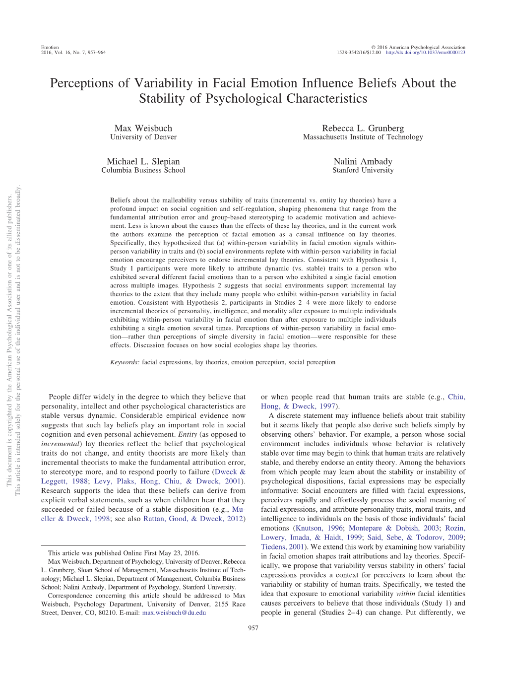 Perceptions of Variability in Facial Emotion Influence Beliefs About the Stability of Psychological Characteristics