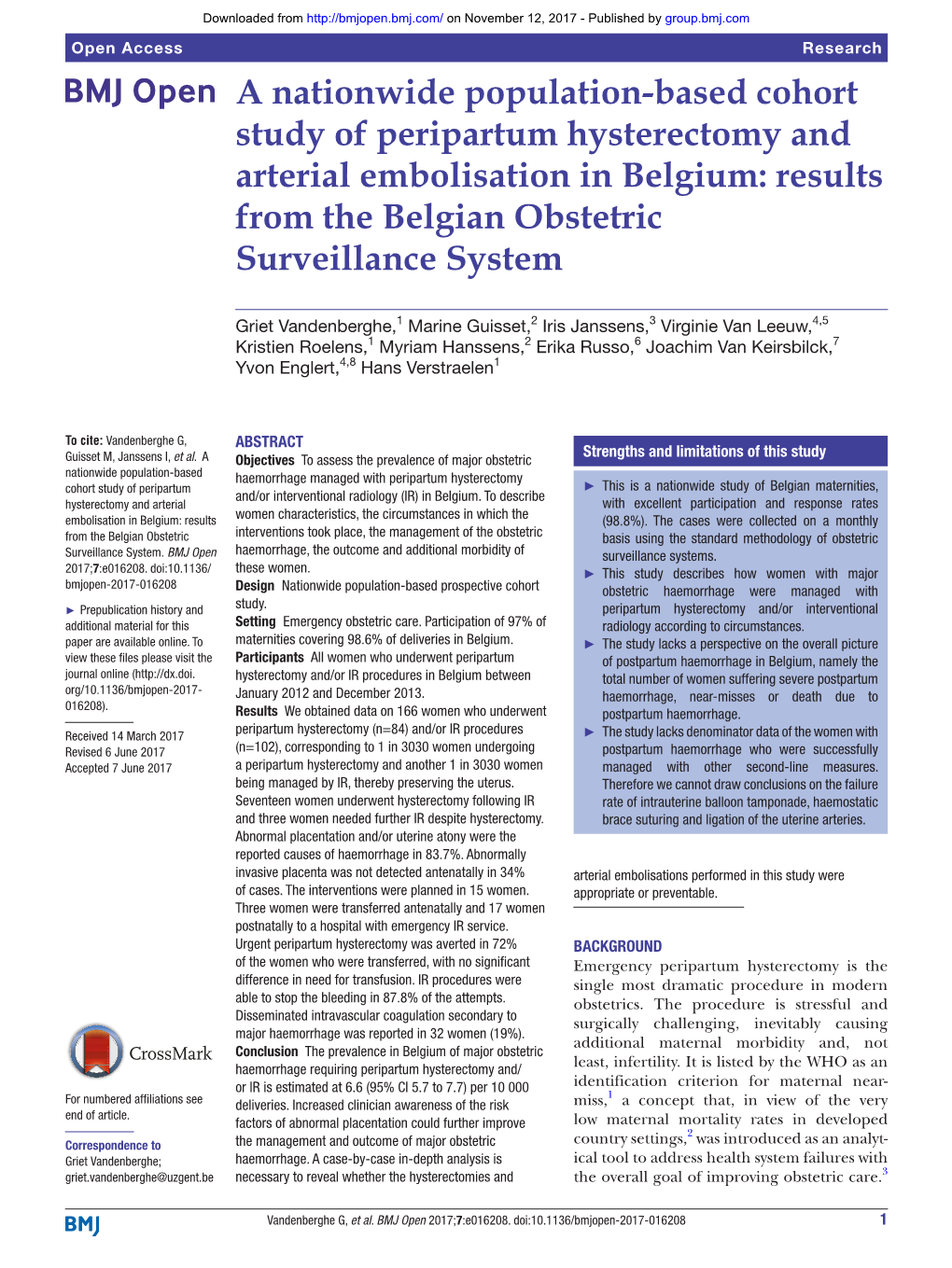 A Nationwide Population-Based Cohort Study of Peripartum Hysterectomy and Arterial Embolisation in Belgium: Results from the Belgian Obstetric Surveillance System