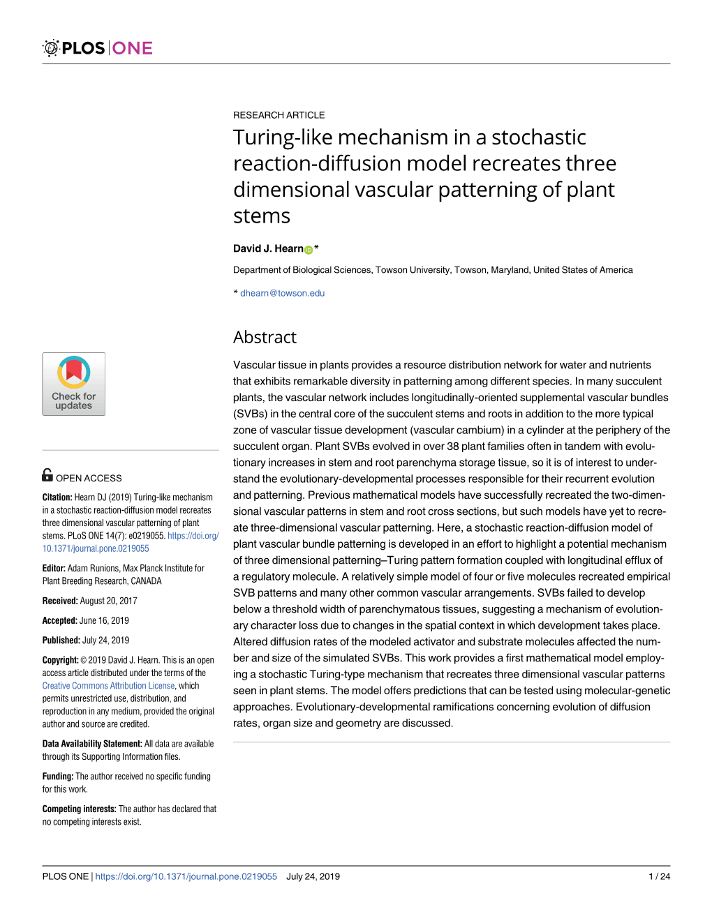 Turing-Like Mechanism in a Stochastic Reaction-Diffusion Model Recreates Three Dimensional Vascular Patterning of Plant Stems