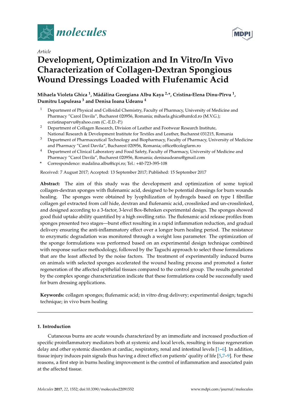 Development, Optimization and in Vitro/In Vivo Characterization of Collagen-Dextran Spongious Wound Dressings Loaded with Flufenamic Acid