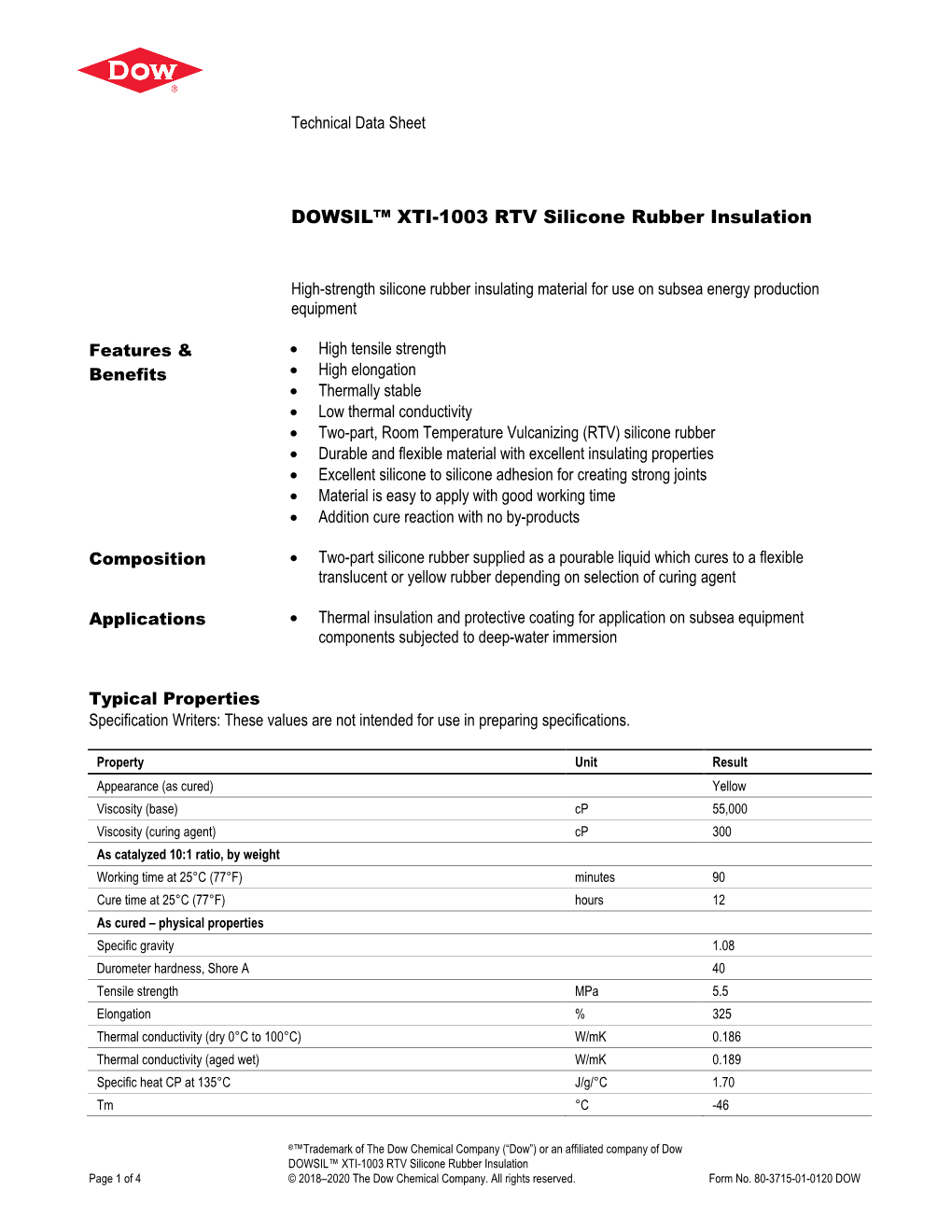 DOWSIL™ XTI-1003 RTV Silicone Rubber Insulation Technical Data