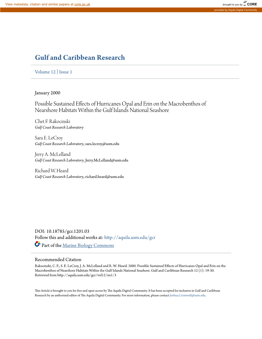 Possible Sustained Effects of Hurricanes Opal and Erin on the Macrobenthos of Nearshore Habitats Within the Gulf Islands National Seashore Chet F