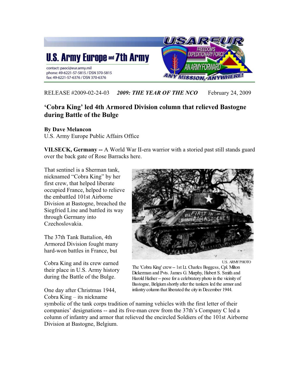 'Cobra King' Led 4Th Armored Division Column That Relieved Bastogne