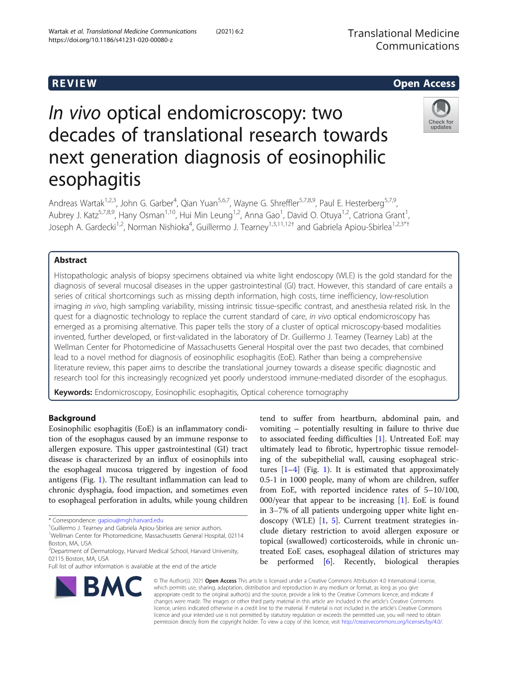 In Vivo Optical Endomicroscopy: Two Decades of Translational Research Towards Next Generation Diagnosis of Eosinophilic Esophagitis Andreas Wartak1,2,3, John G