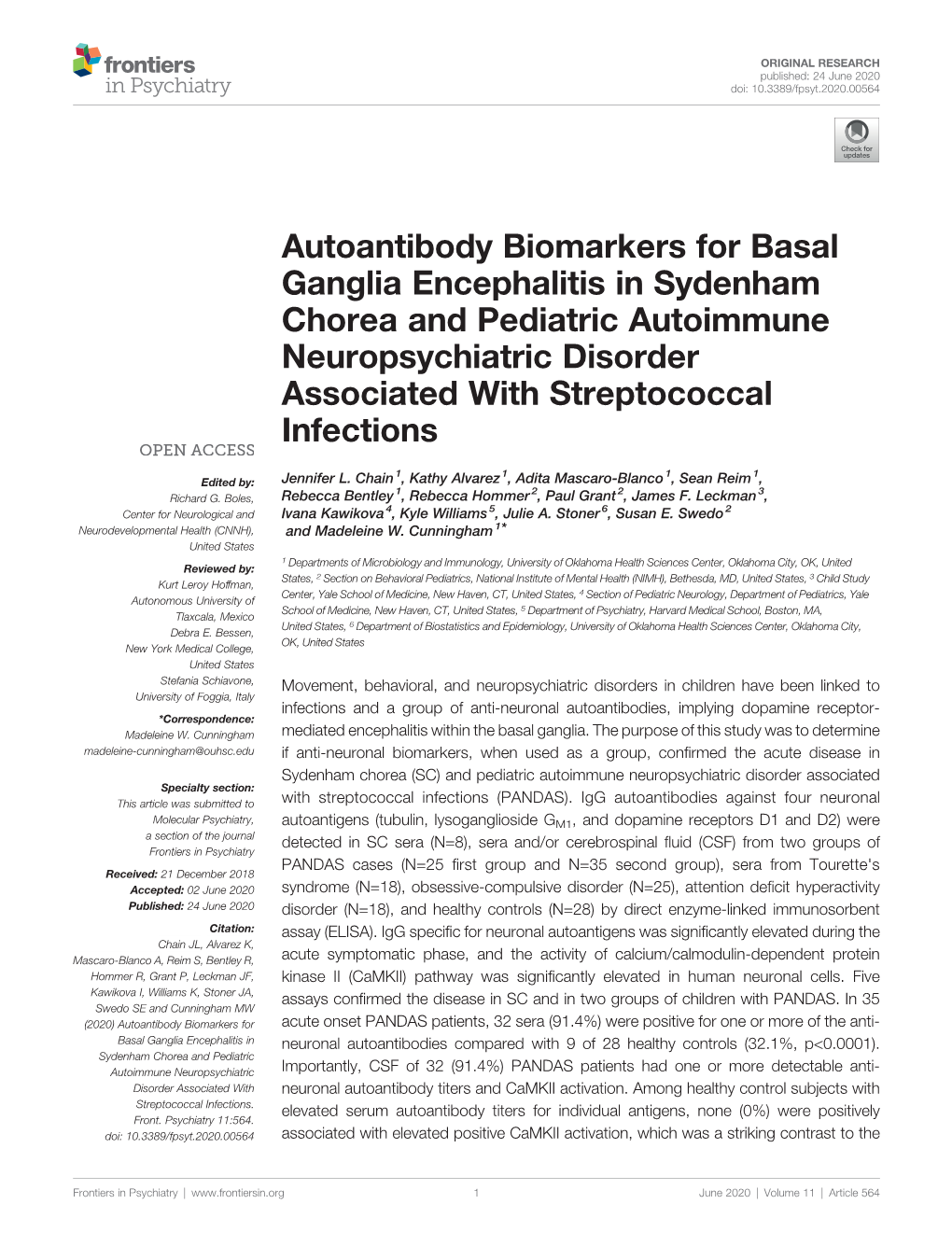 Autoantibody Biomarkers for Basal Ganglia Encephalitis in Sydenham Chorea and Pediatric Autoimmune Neuropsychiatric Disorder Associated with Streptococcal Infections