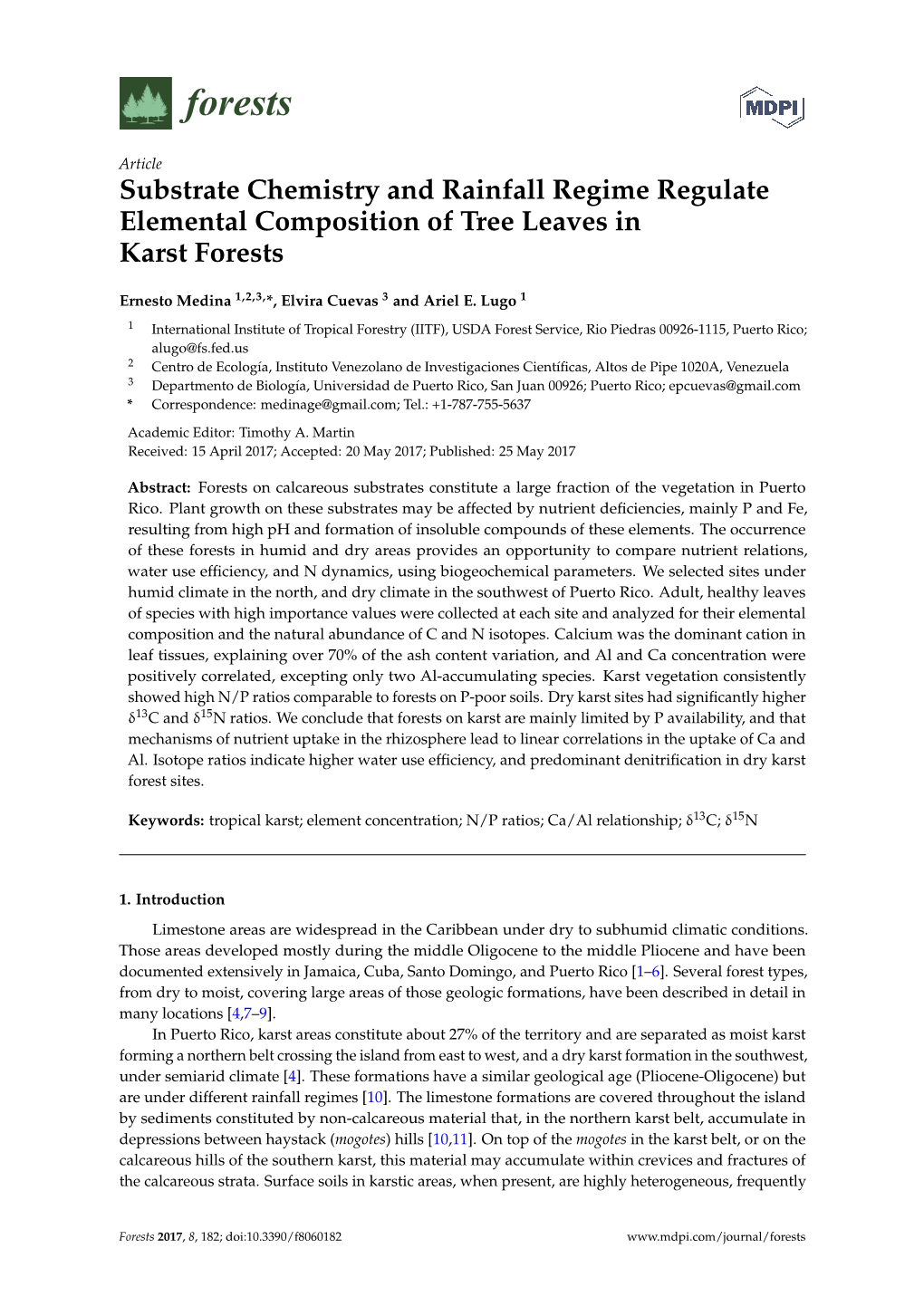 Substrate Chemistry and Rainfall Regime Regulate Elemental Composition of Tree Leaves in Karst Forests