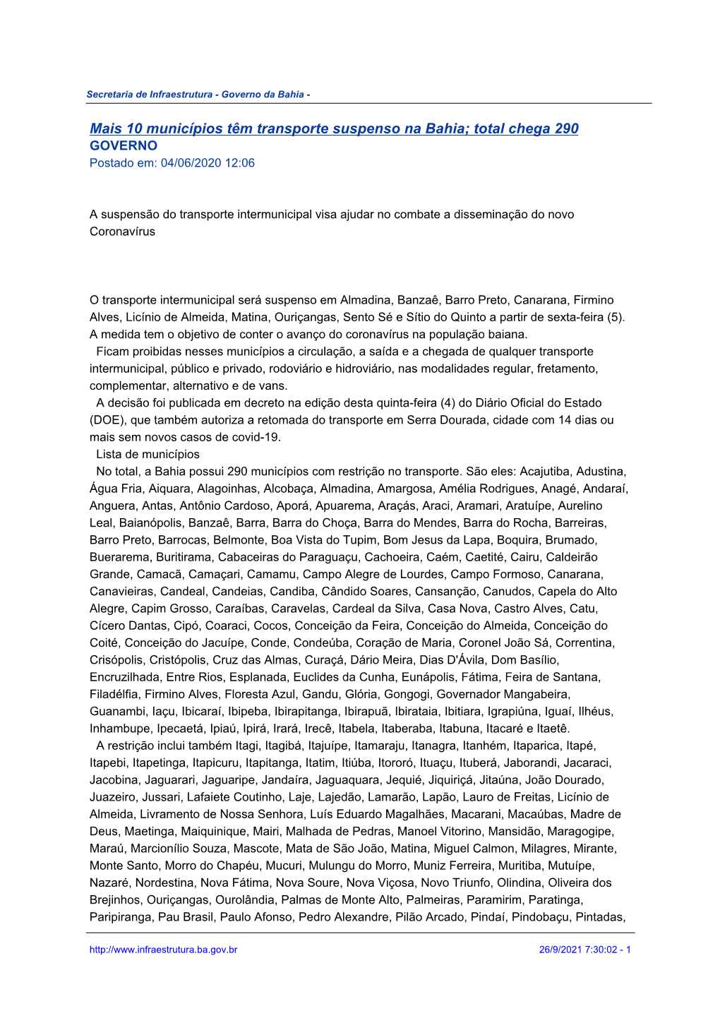Mais 10 Municípios Têm Transporte Suspenso Na Bahia; Total Chega 290 GOVERNO Postado Em: 04/06/2020 12:06