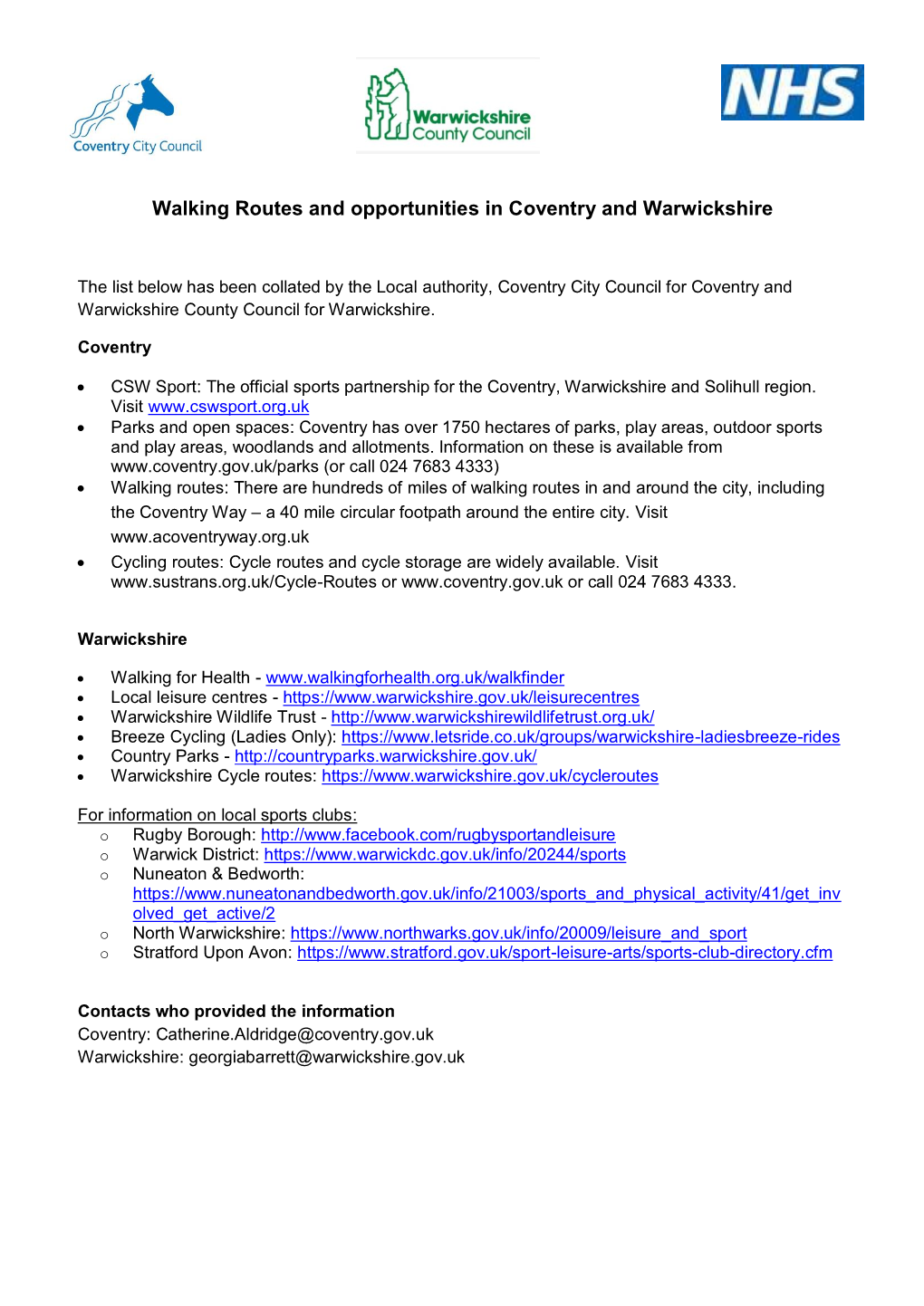 Walking Routes and Opportunities in Coventry and Warwickshire