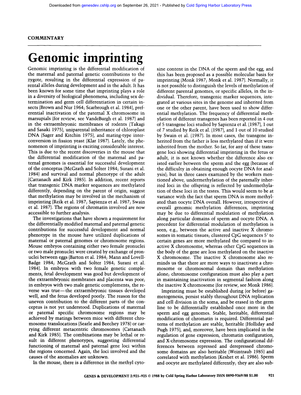 Genomic Imprinting