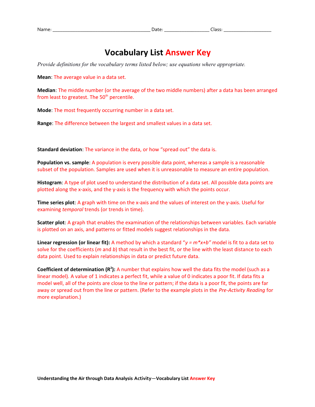 Vocabulary Listanswer Key