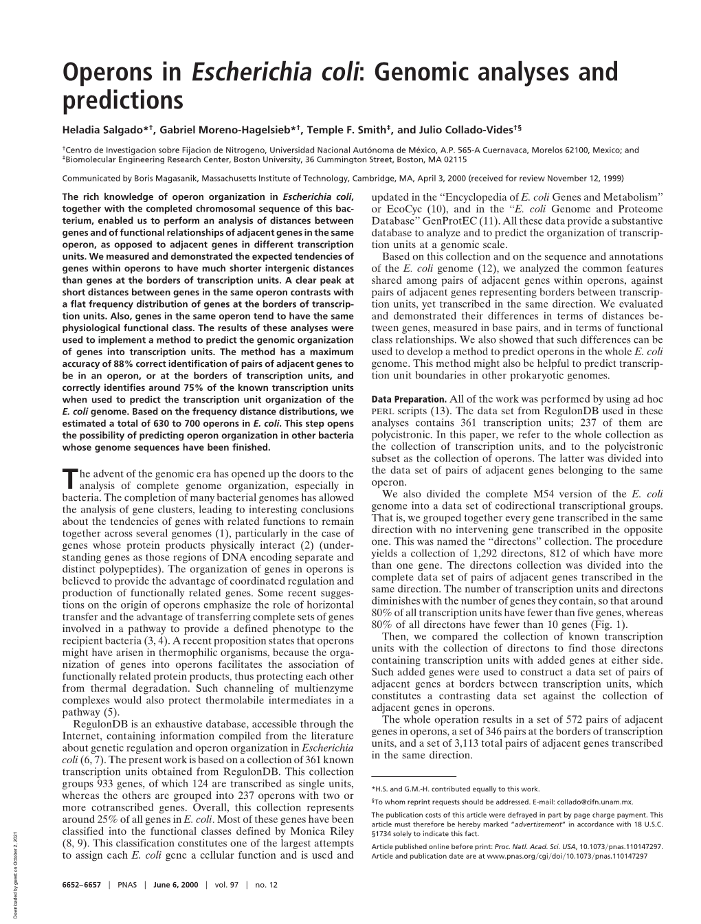 Operons in Escherichia Coli: Genomic Analyses and Predictions