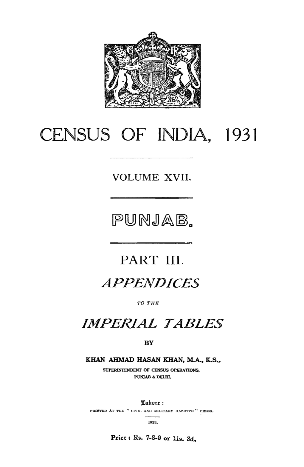 Appendices to the Imperial Tables , Part IV, Vol XIV, Punjab