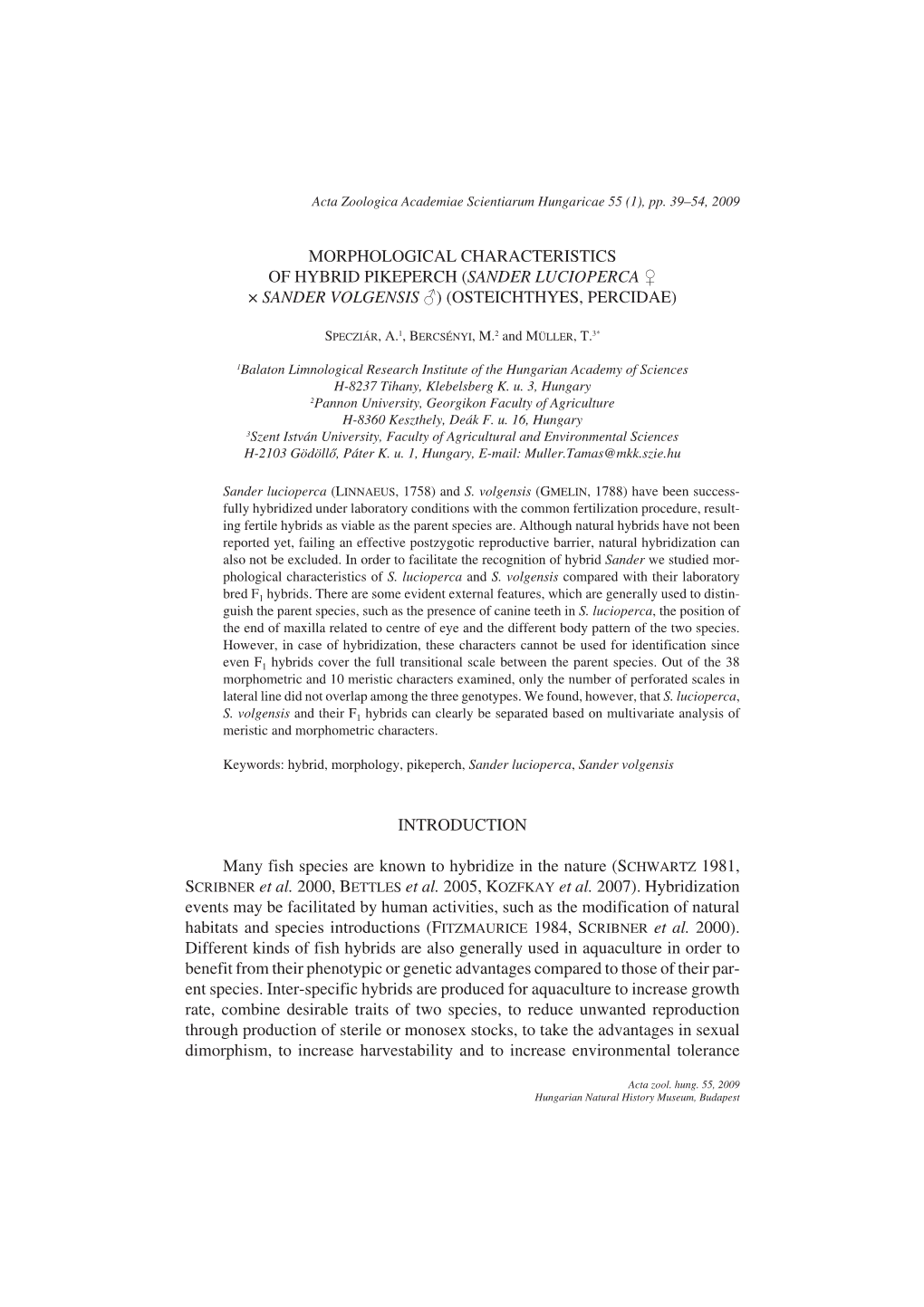 MORPHOLOGICAL CHARACTERISTICS of HYBRID PIKEPERCH (SANDER LUCIOPERCA F × SANDER VOLGENSIS M) (OSTEICHTHYES, PERCIDAE)