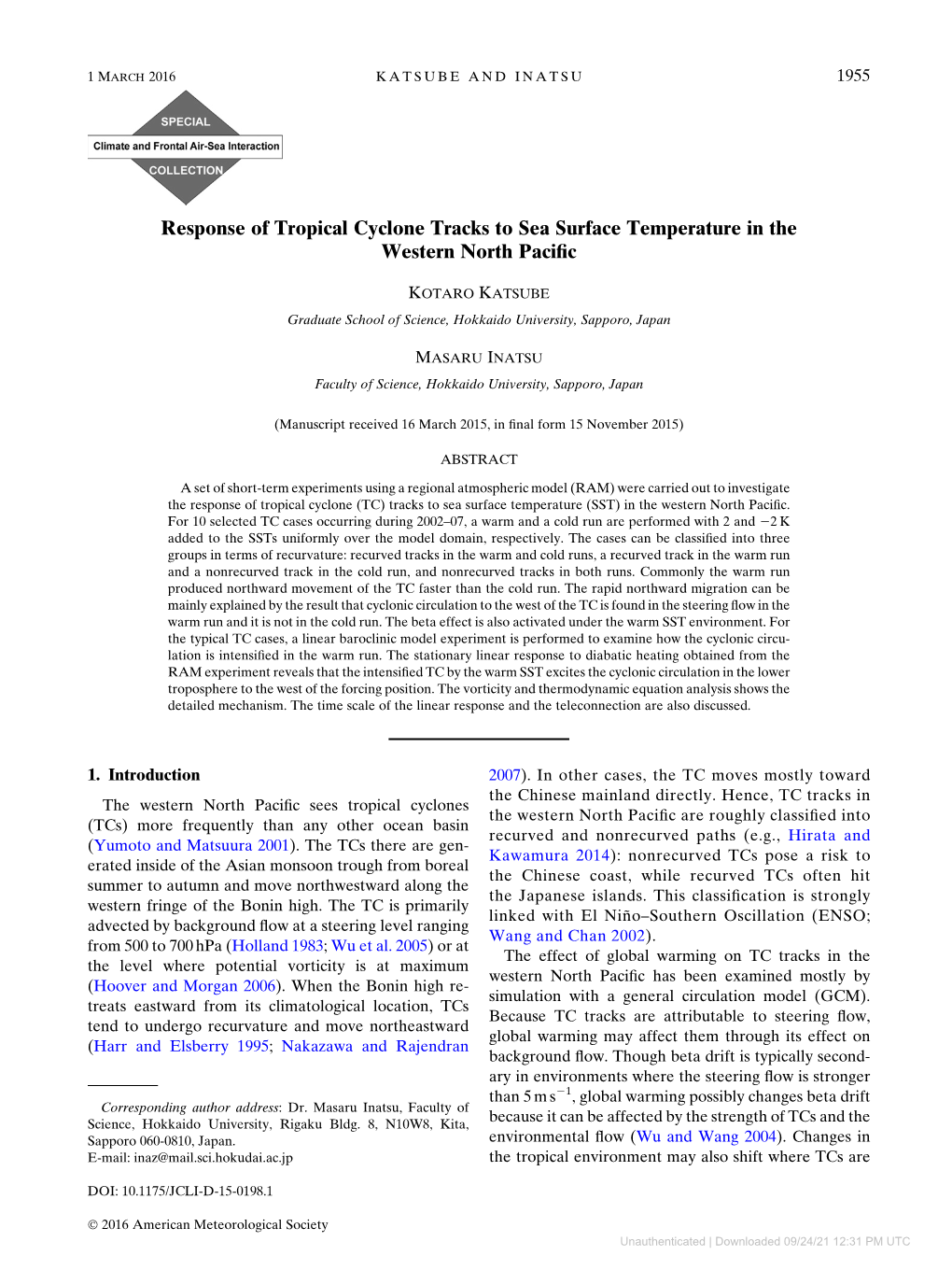 Response of Tropical Cyclone Tracks to Sea Surface Temperature in the Western North Paciﬁc