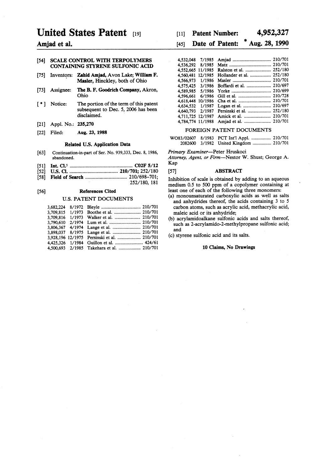 United States Patent (19) (11 Patent Number: 4,952,327 Amjad Et Al