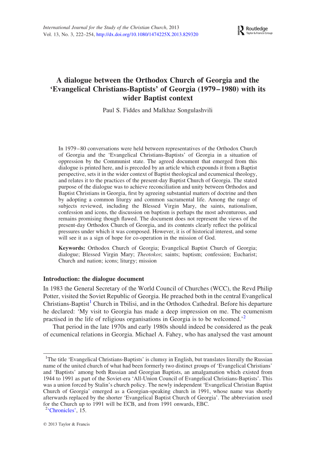 A Dialogue Between the Orthodox Church of Georgia and the ‘Evangelical Christians-Baptists’ of Georgia (1979–1980) with Its Wider Baptist Context Paul S