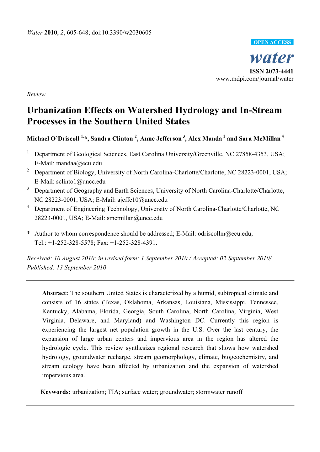 Urbanization Effects on Watershed Hydrology and In-Stream Processes in the Southern United States