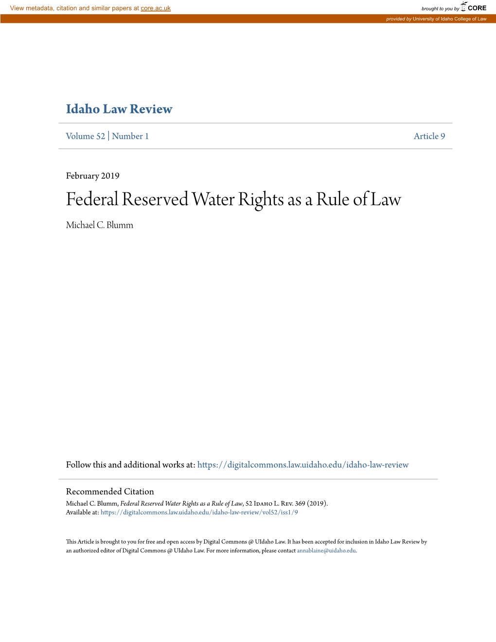 Federal Reserved Water Rights As a Rule of Law Michael C