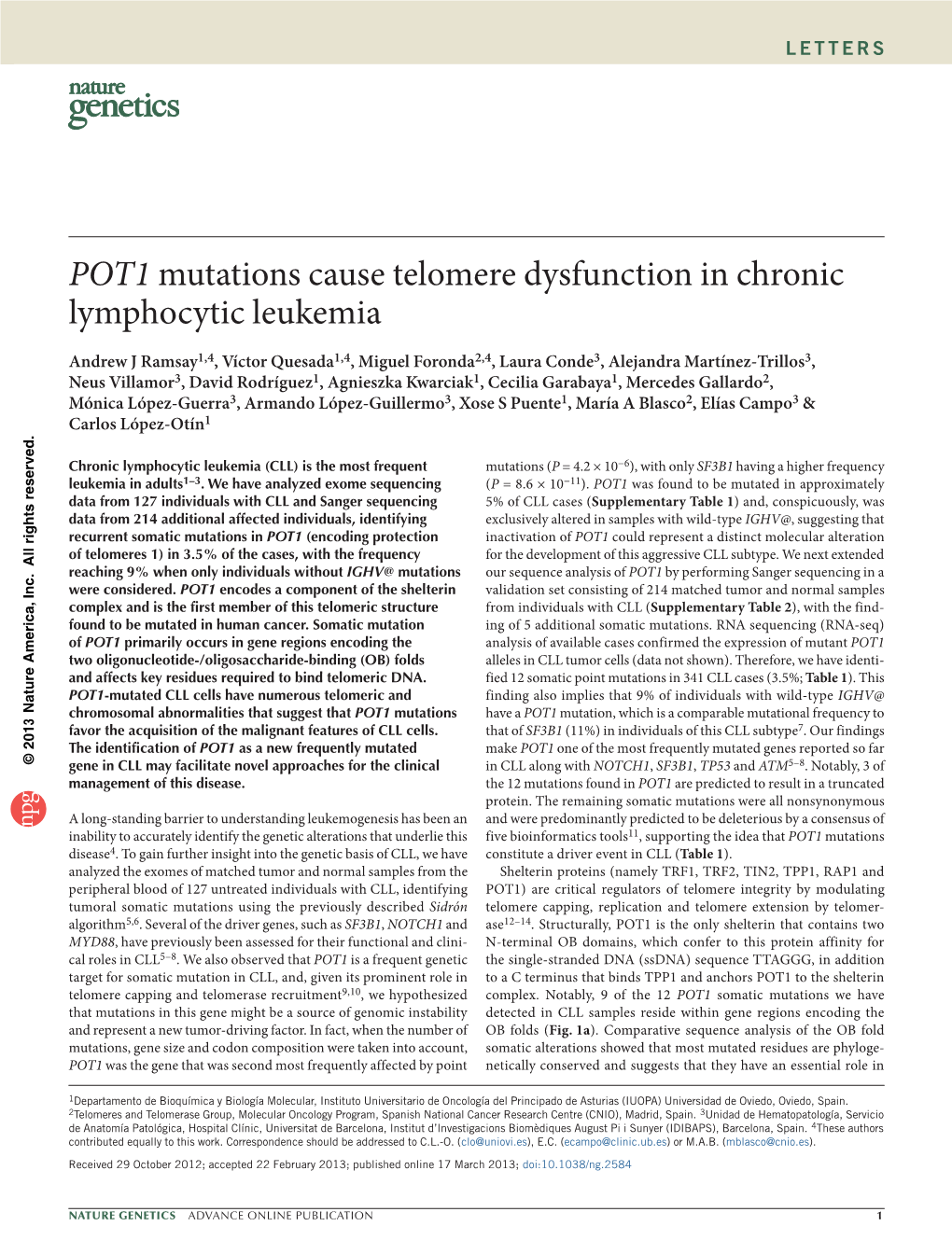 POT1 Mutations Cause Telomere Dysfunction in Chronic Lymphocytic